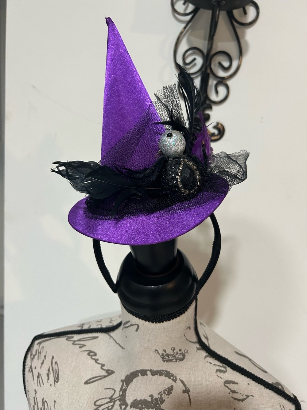 Purple Mini Witch Hat Headband with Black Feather & Tulle